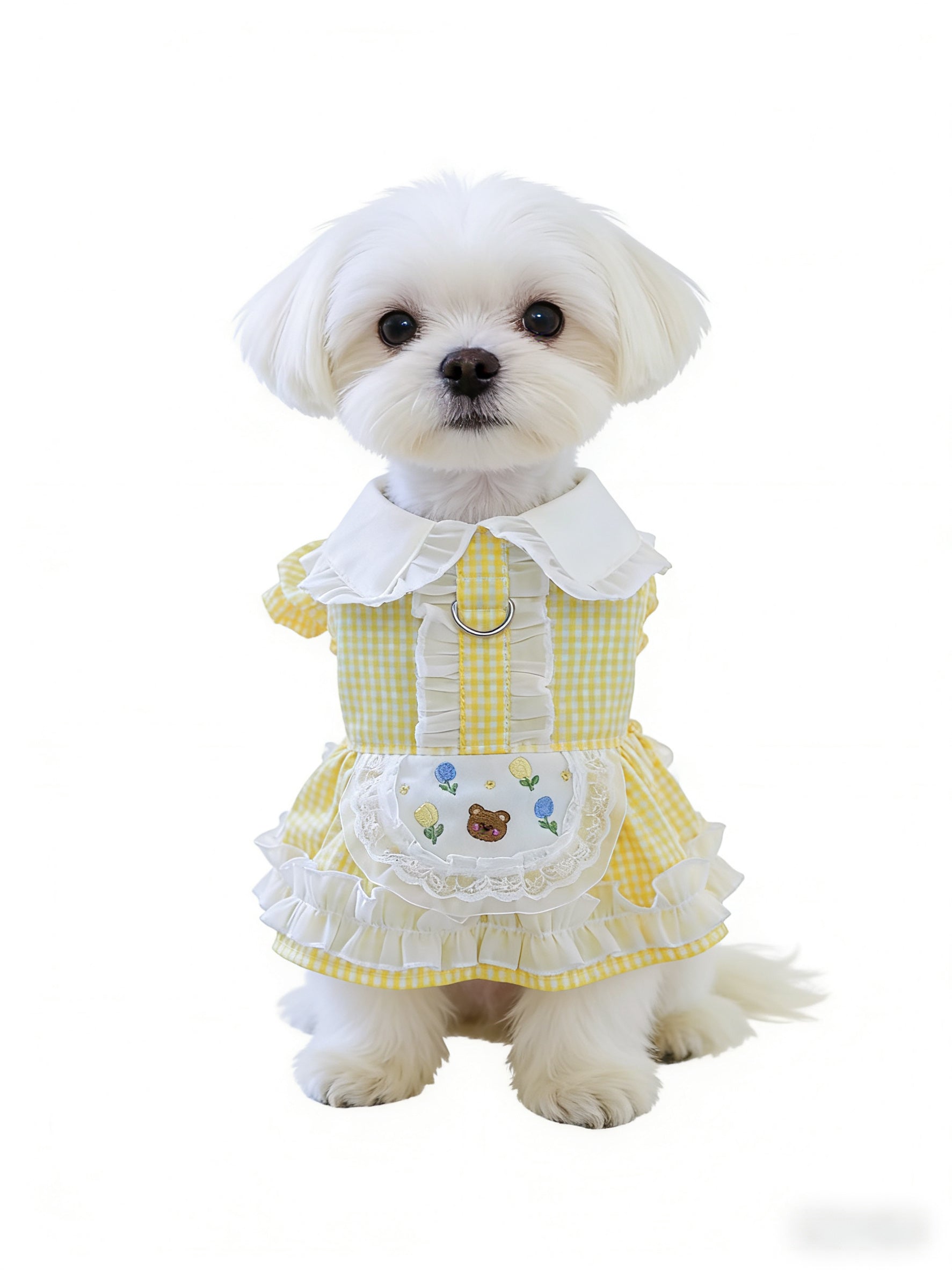 Yellow Gingham Apron Pet Dress with Teddy Embroidery