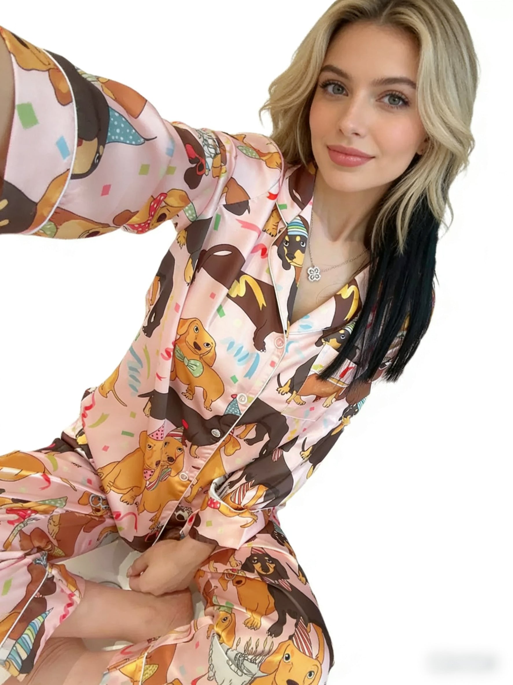 Pink Dachshund Party Print Satin Pajama Set
