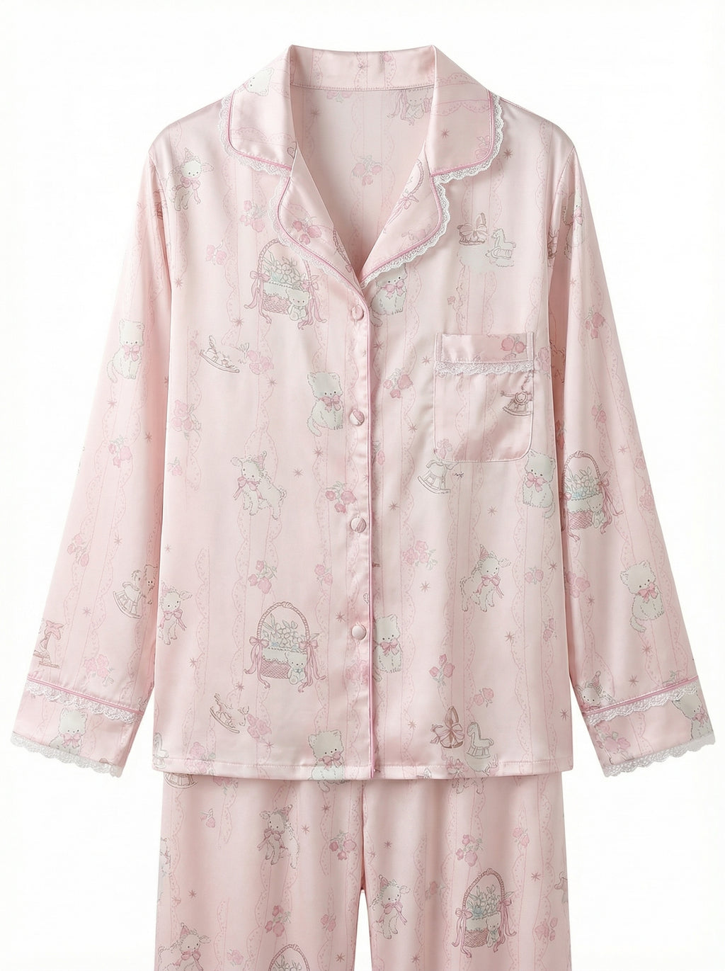 Pink Cute Bear Print Satin Pajama Set