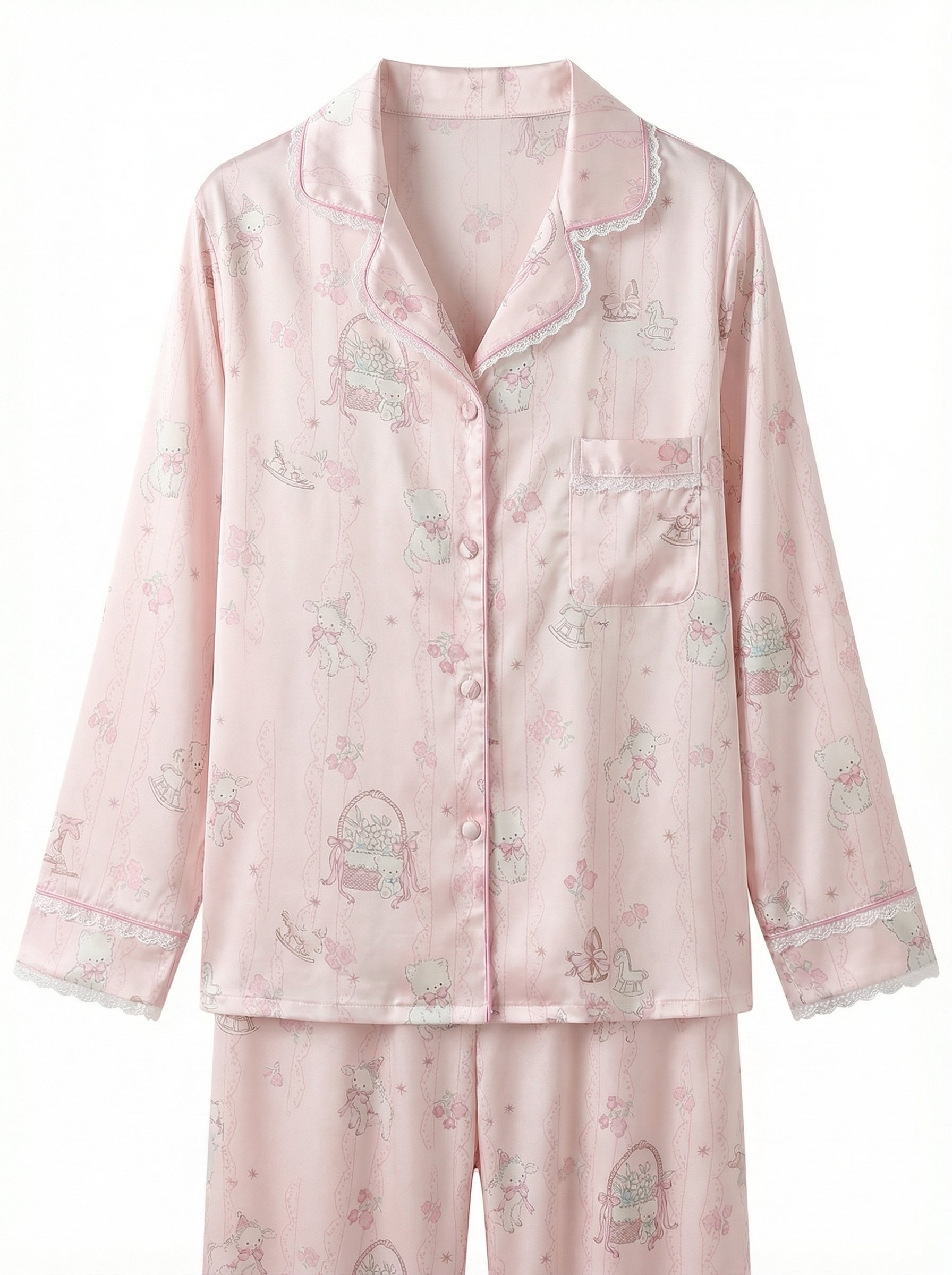 Pink Cute Bear Print Satin Pajama Set