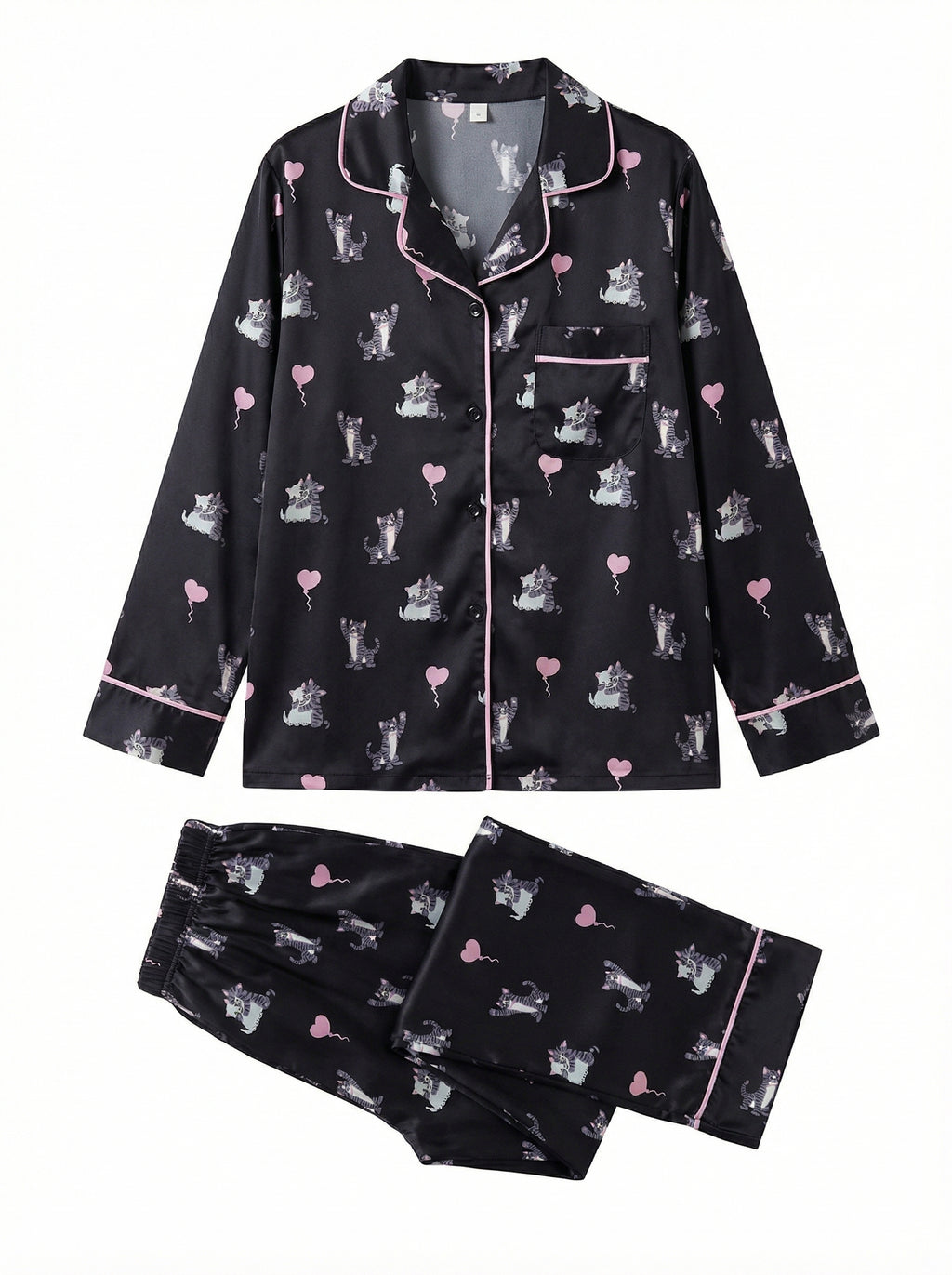 Black Cat & Heart Print Satin Pajama Top