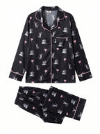 Black Cat & Heart Print Satin Pajama Top