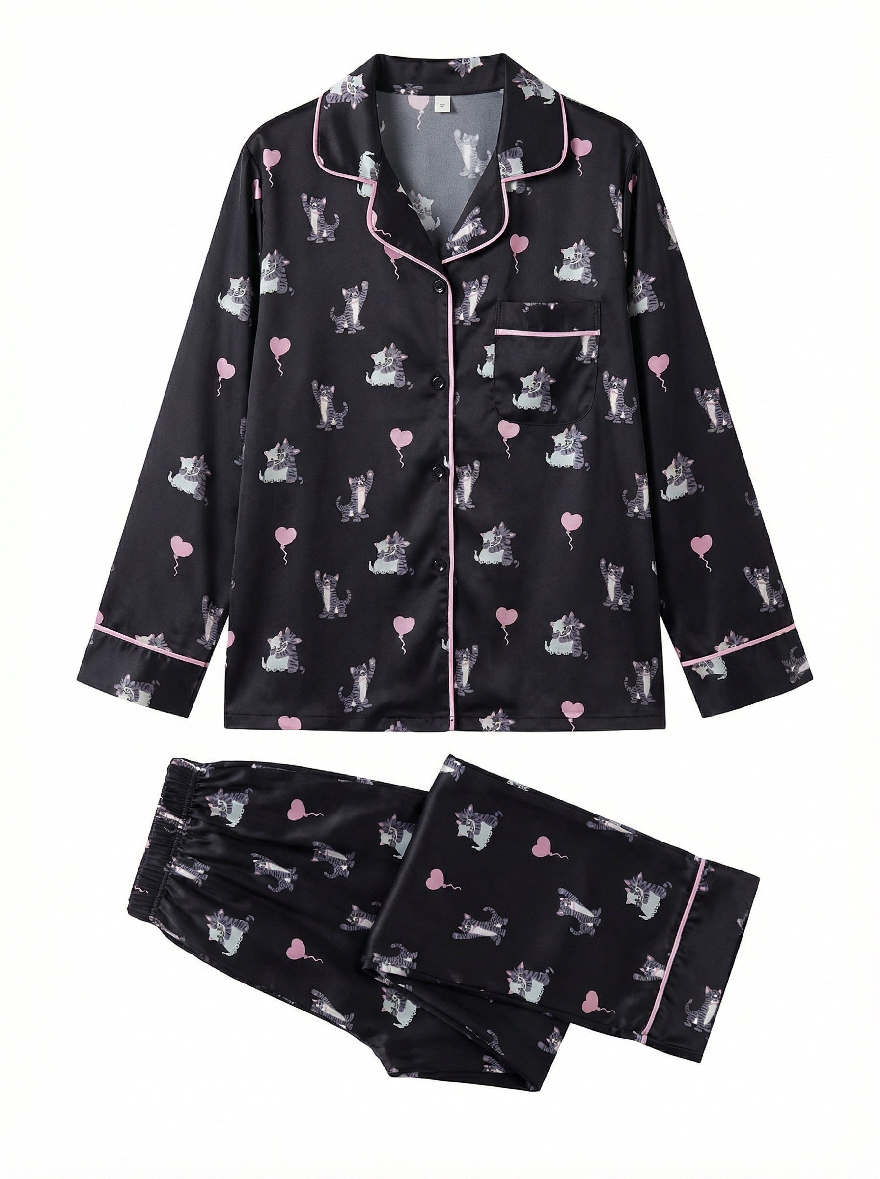 Black Cat & Heart Print Satin Pajama Top