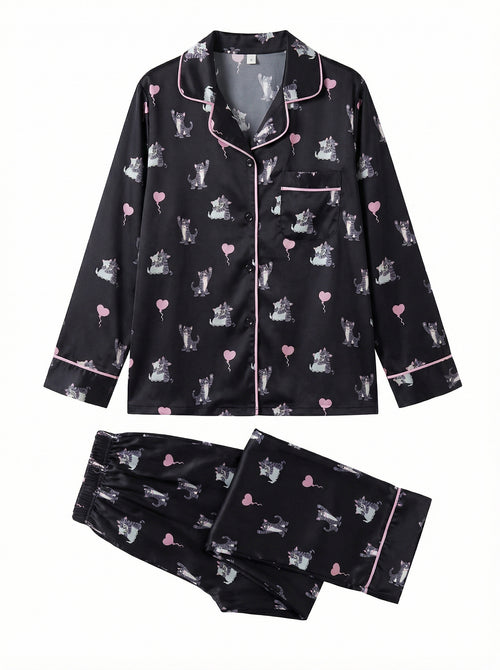Black Cat & Heart Print Satin Pajama Top