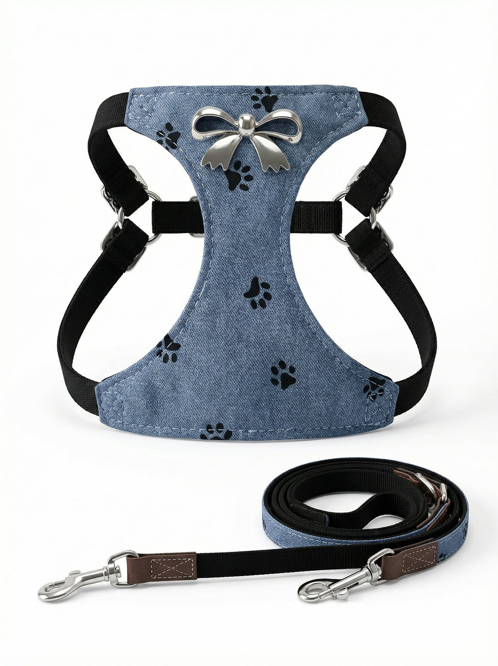 Denim Paw Print Bow Pet Harness & Leash Set