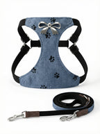 Denim Paw Print Bow Pet Harness & Leash Set