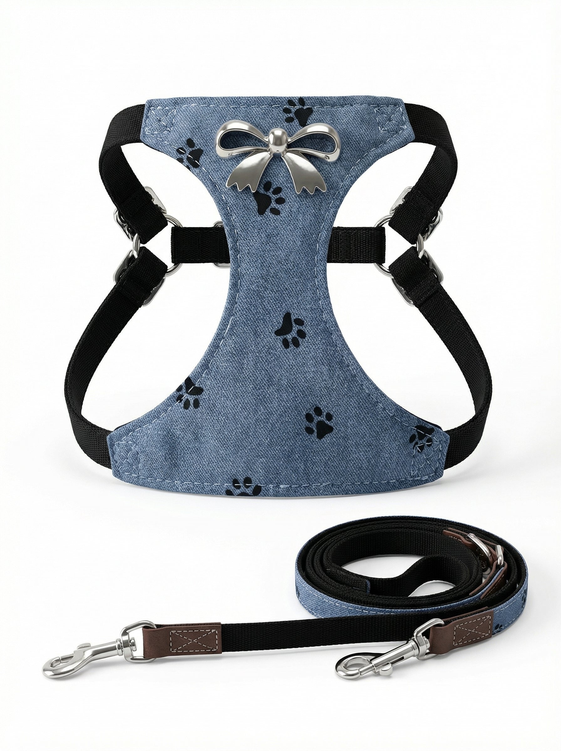 Denim Paw Print Bow Pet Harness & Leash Set