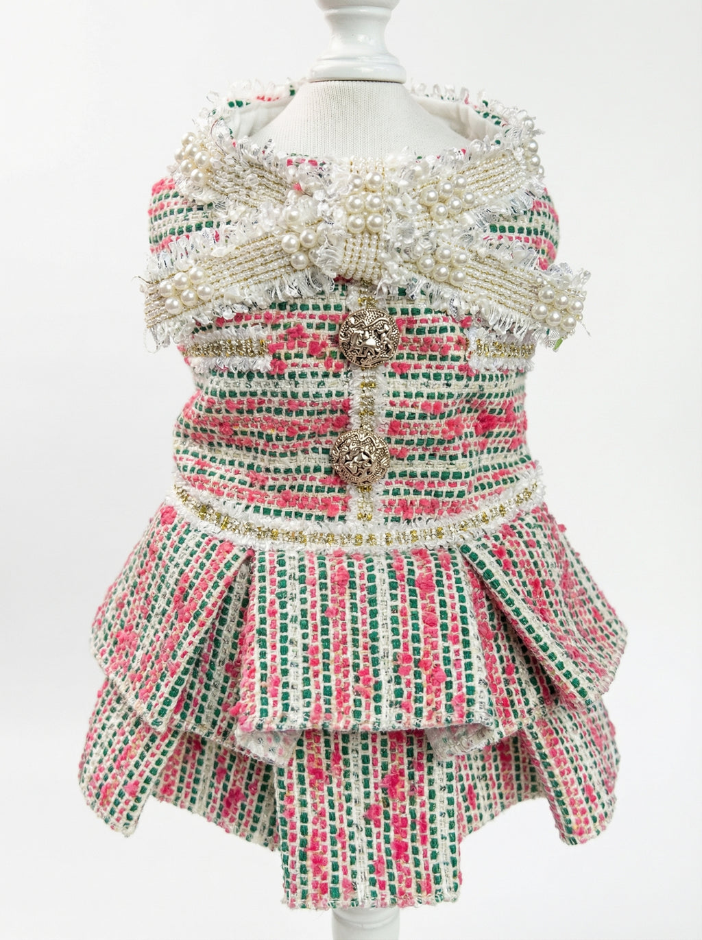 Pink & Green Tweed Pearl Bow Pet Dress