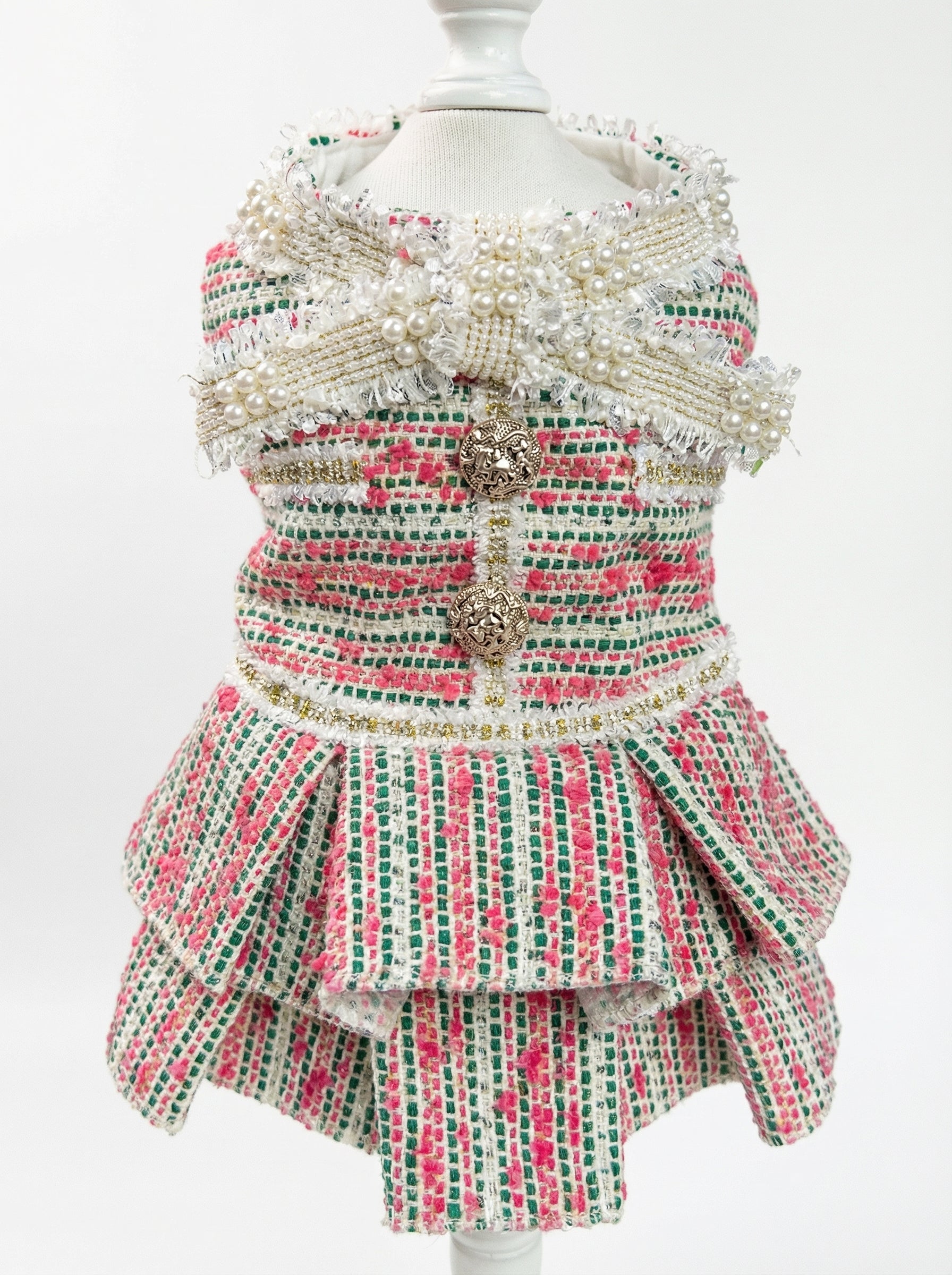 Pink & Green Tweed Pearl Bow Pet Dress