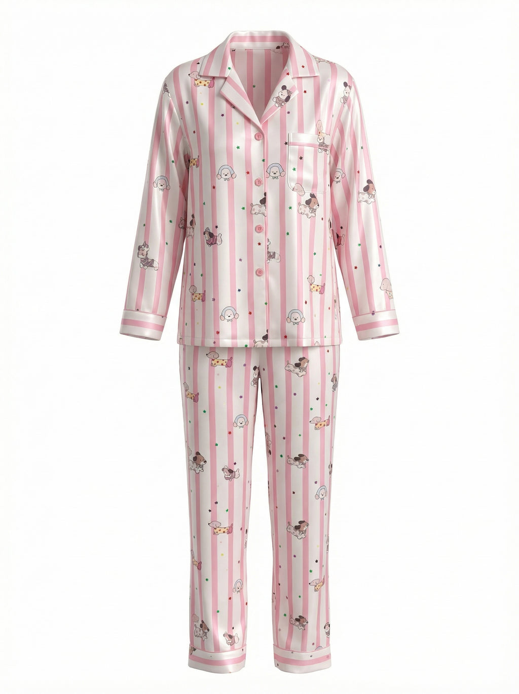 Pink Stripe Puppy Print Satin Pajama Set