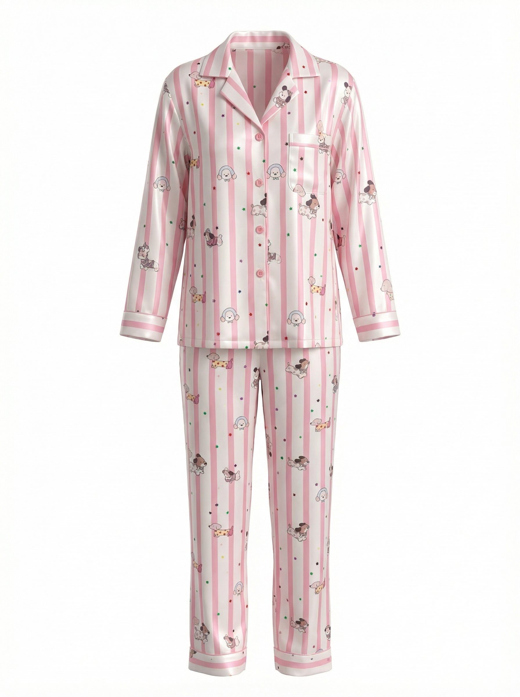 Pink Stripe Puppy Print Satin Pajama Set