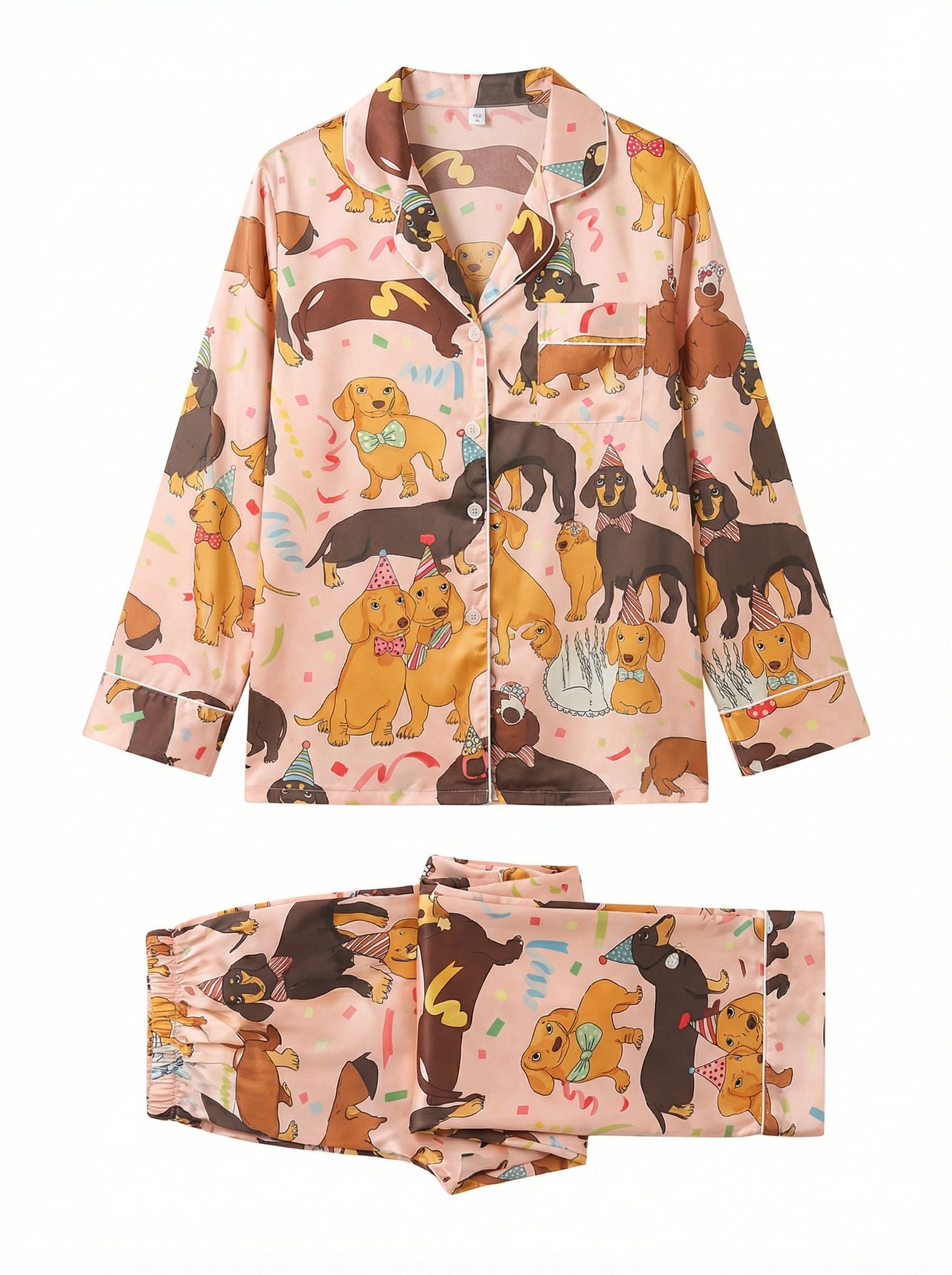Pink Dachshund Party Print Satin Pajama Set