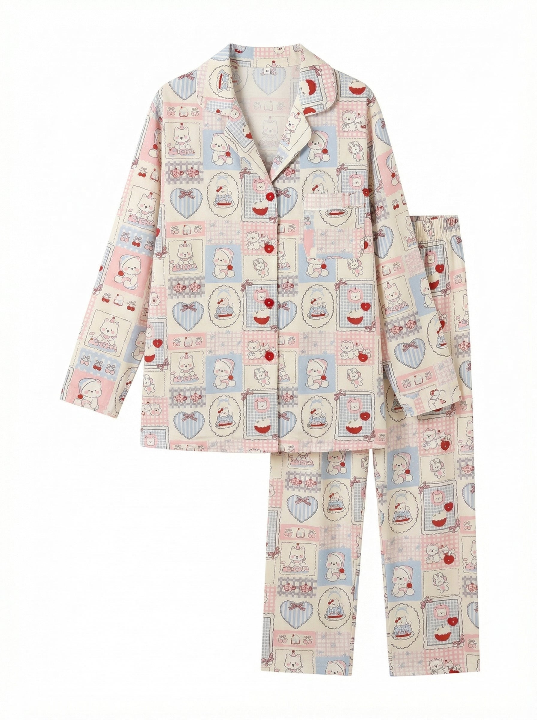Cute Cartoon Patchwork Print Button-Down Pajama Set