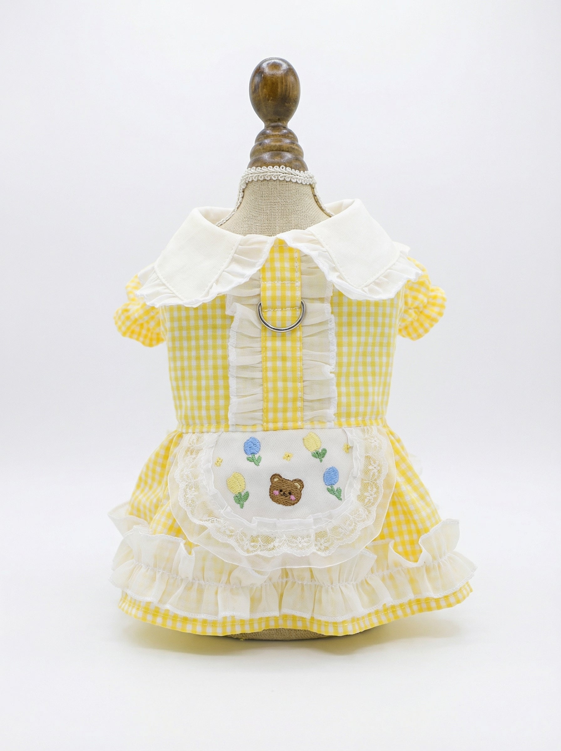 Yellow Gingham Apron Pet Dress with Teddy Embroidery
