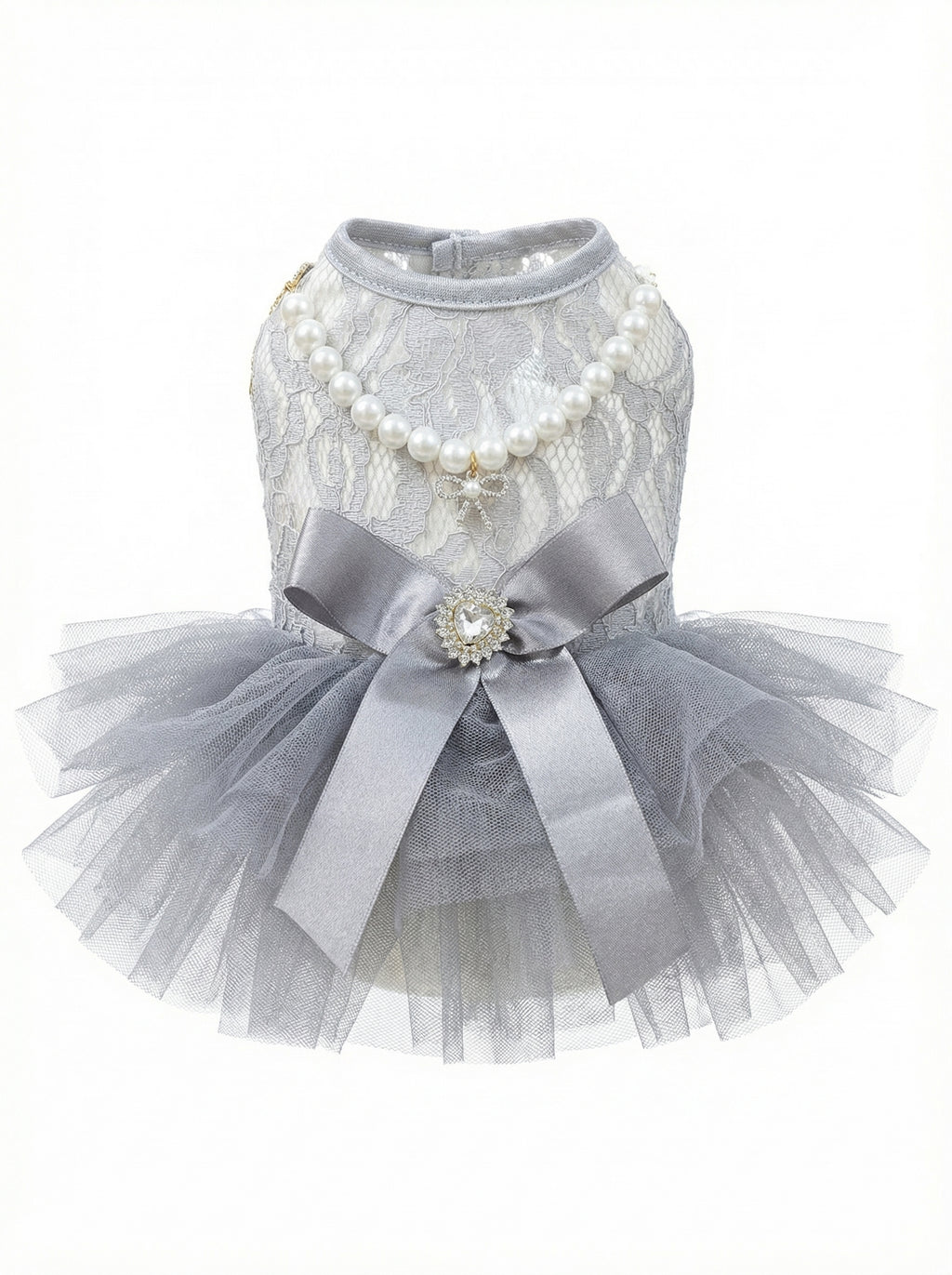 Gray Lace & Tulle Pearl Pet Party Dress