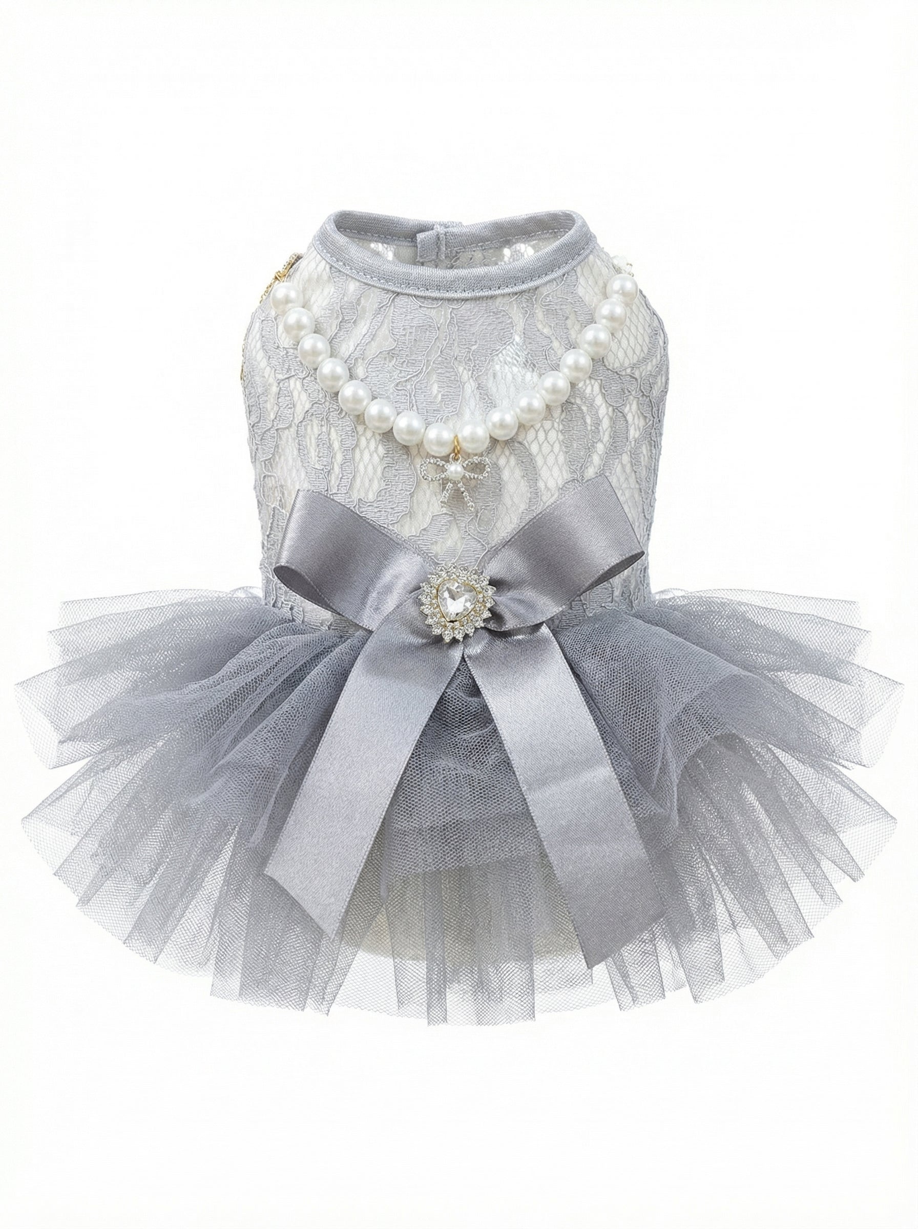 Gray Lace & Tulle Pearl Pet Party Dress