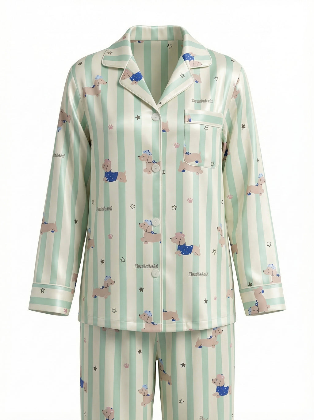 Green Stripe Poodle Print Satin Pajama Set