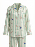 Green Stripe Poodle Print Satin Pajama Set