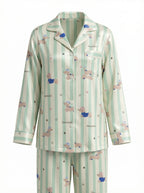 Green Stripe Poodle Print Satin Pajama Set