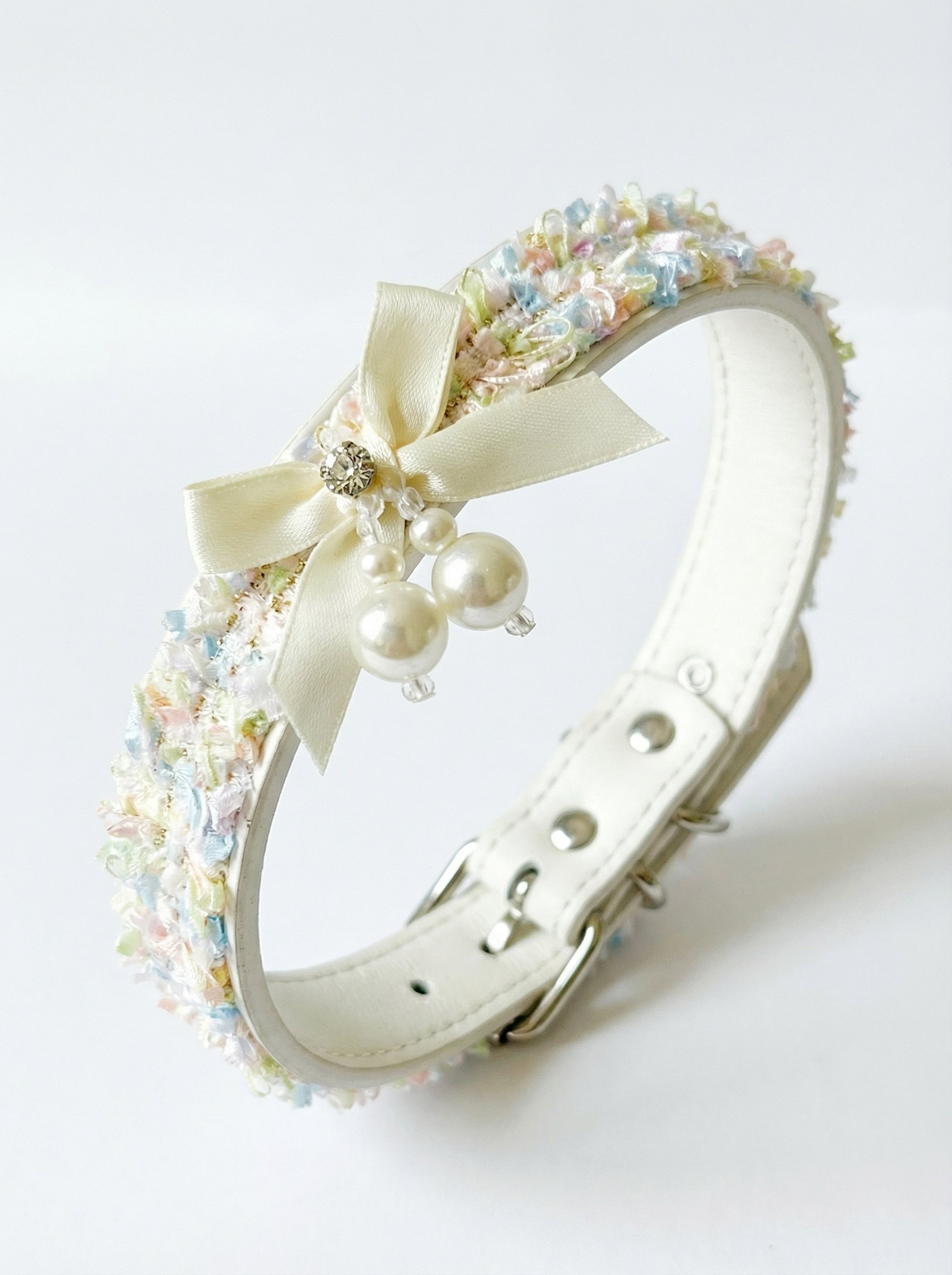 Cream Tulle Bow & Pearl Pet Collar