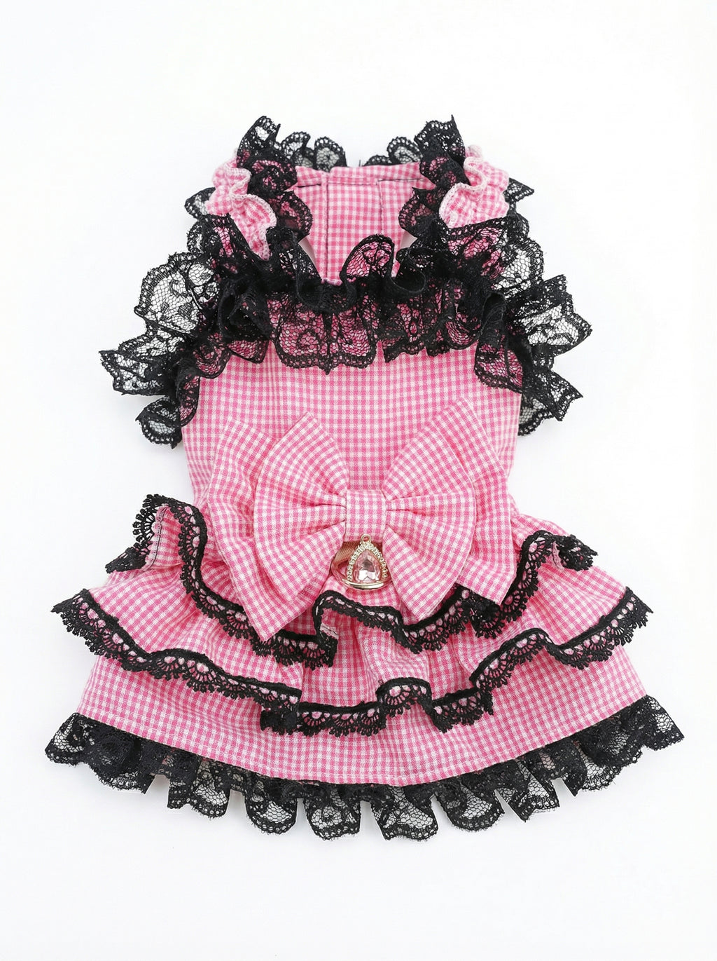 Pink Gingham & Black Lace Tiered Pet Dress
