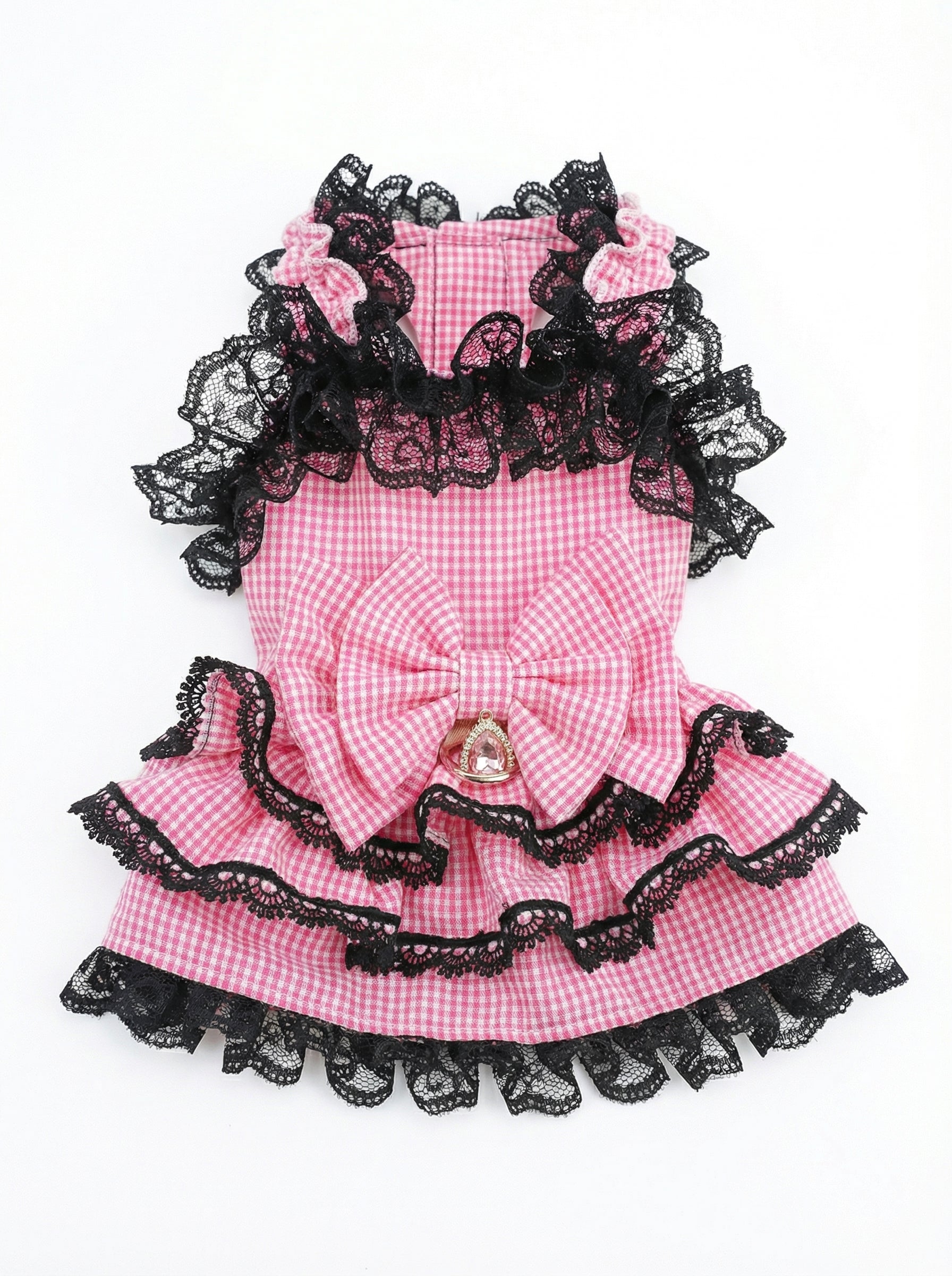 Pink Gingham & Black Lace Tiered Pet Dress