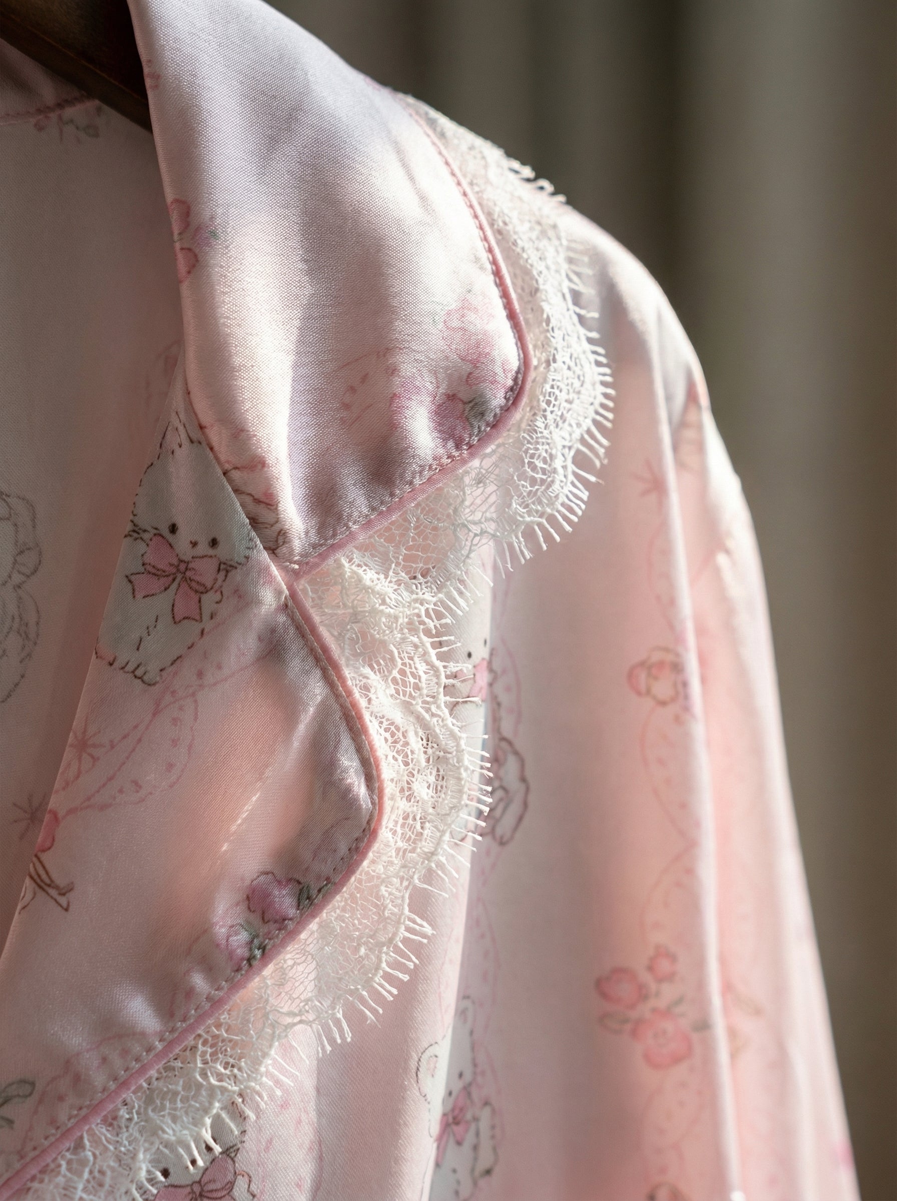 Pink Cute Bear Print Satin Pajama Set