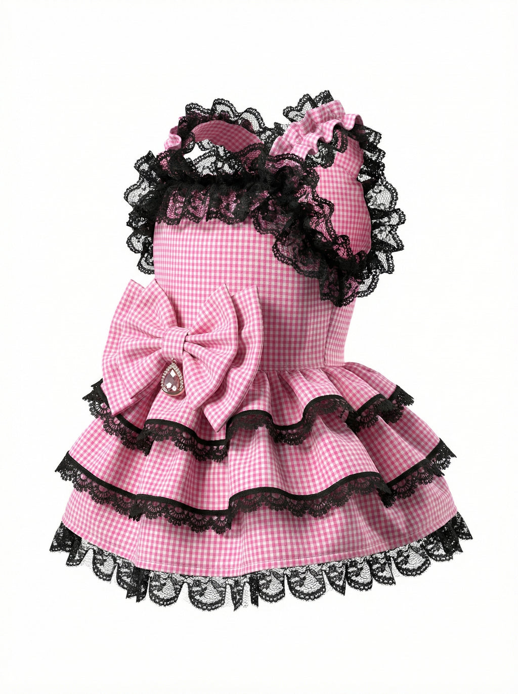 Pink Gingham & Black Lace Tiered Pet Dress