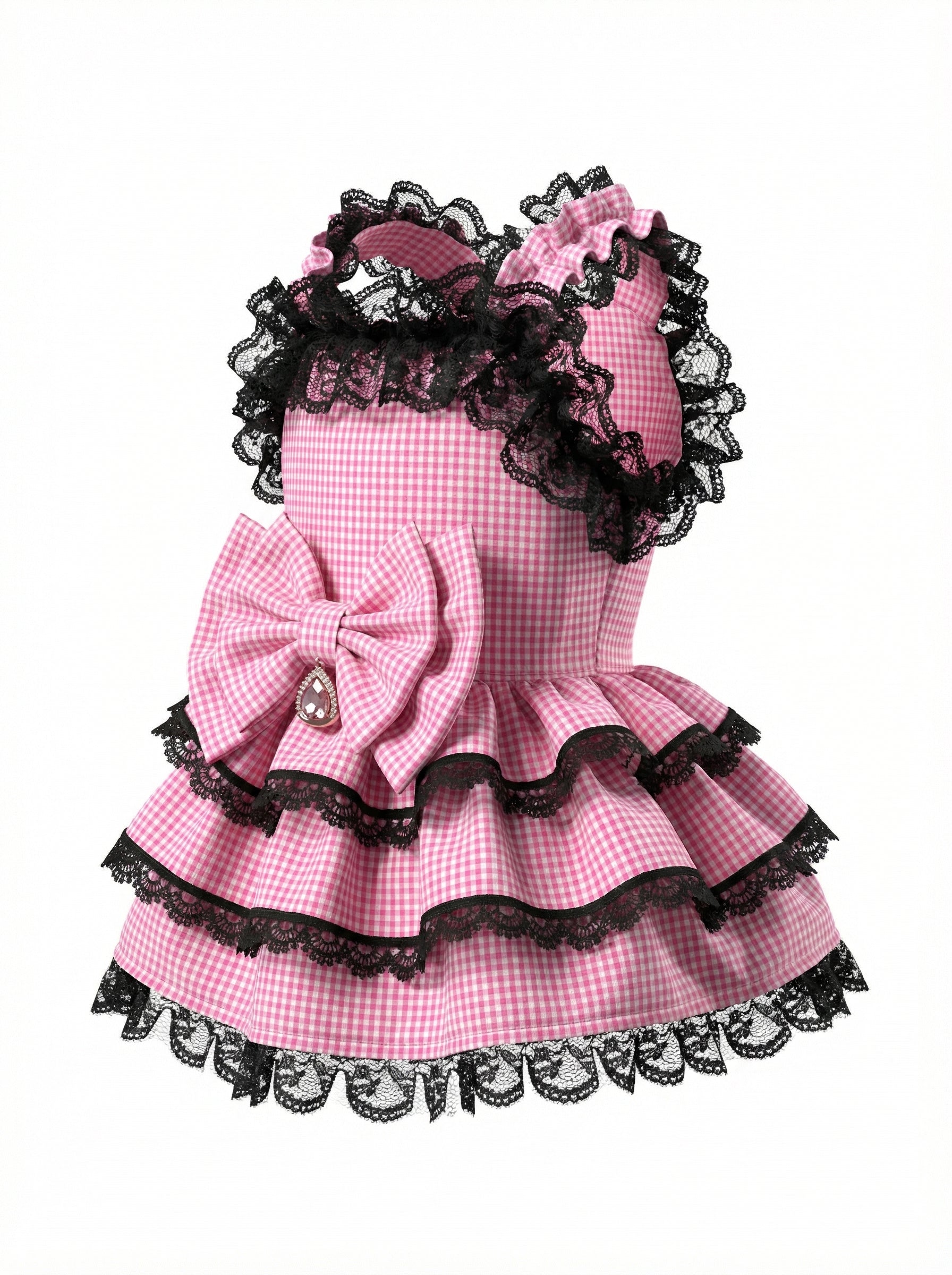 Pink Gingham & Black Lace Tiered Pet Dress