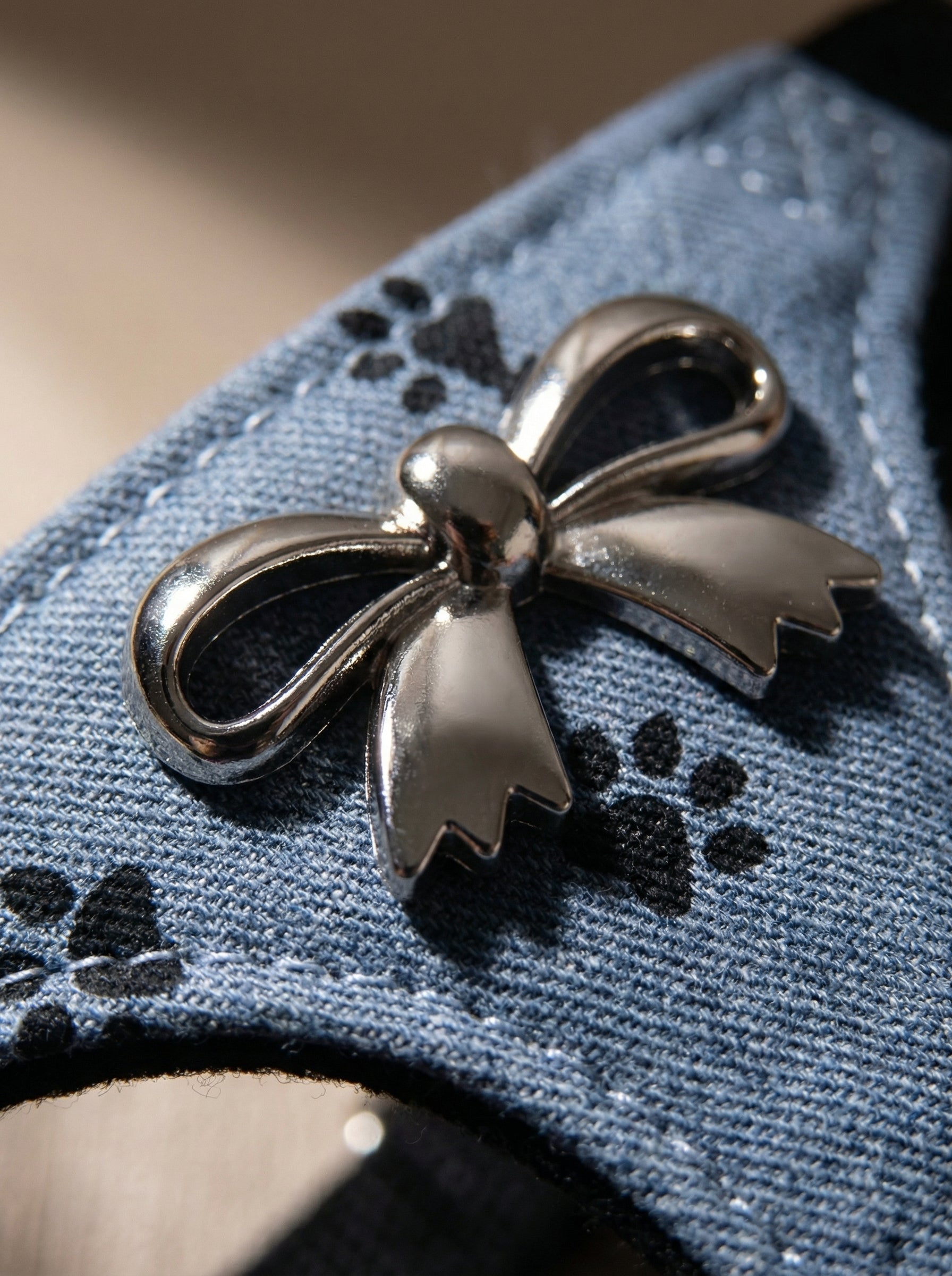 Denim Paw Print Bow Pet Harness & Leash Set