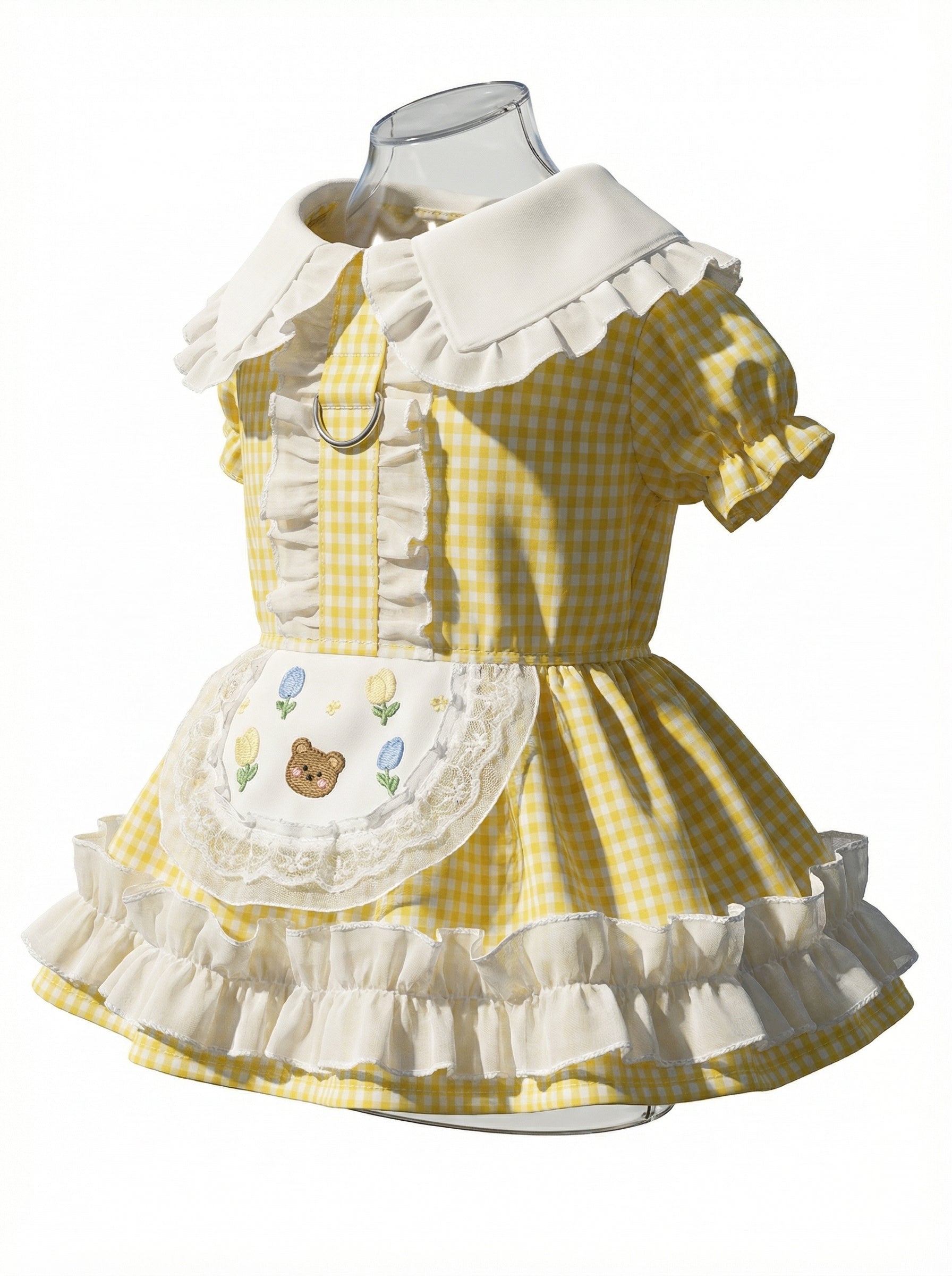 Yellow Gingham Apron Pet Dress with Teddy Embroidery