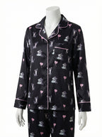 Black Cat & Heart Print Satin Pajama Top