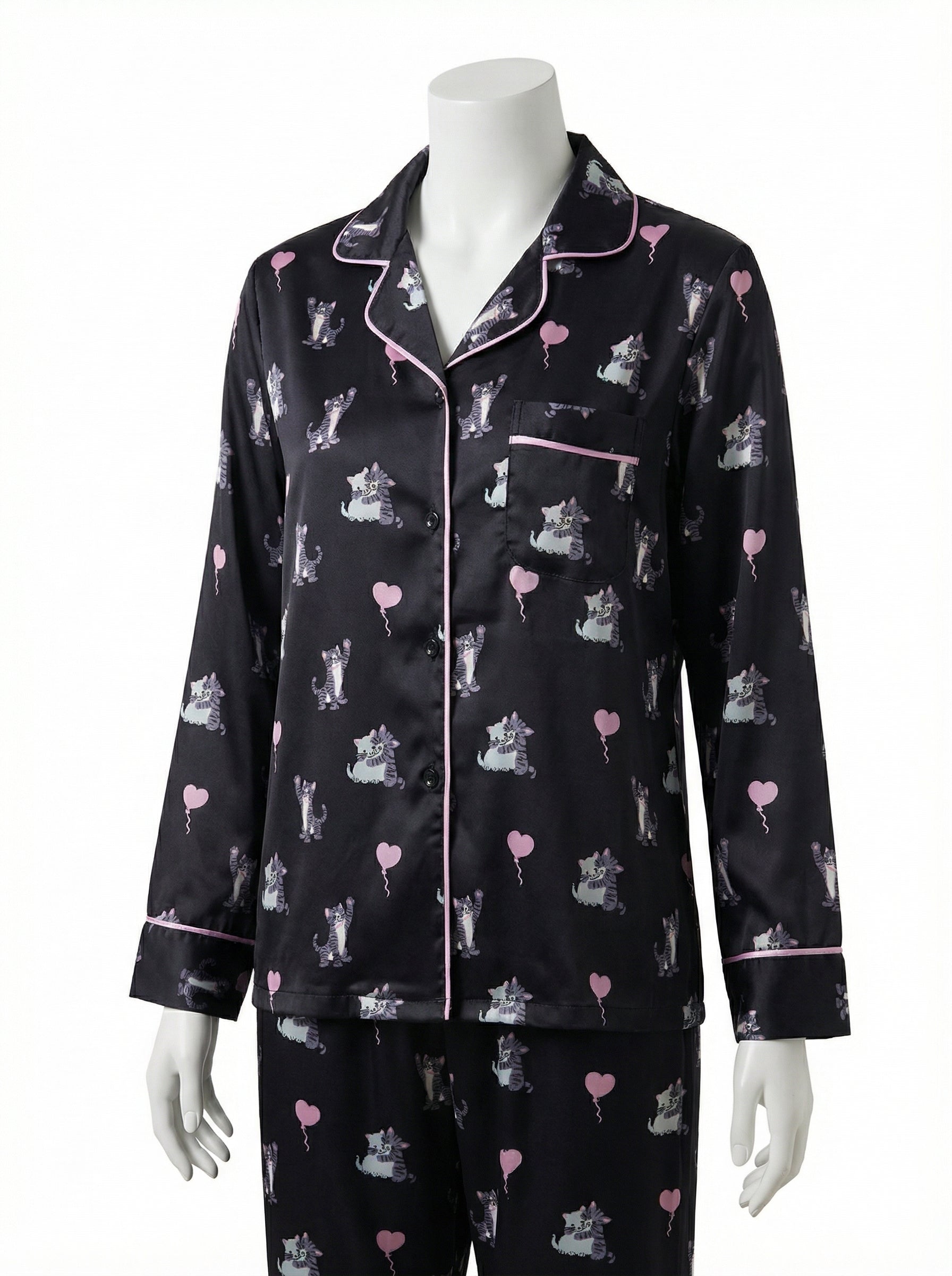 Black Cat & Heart Print Satin Pajama Top