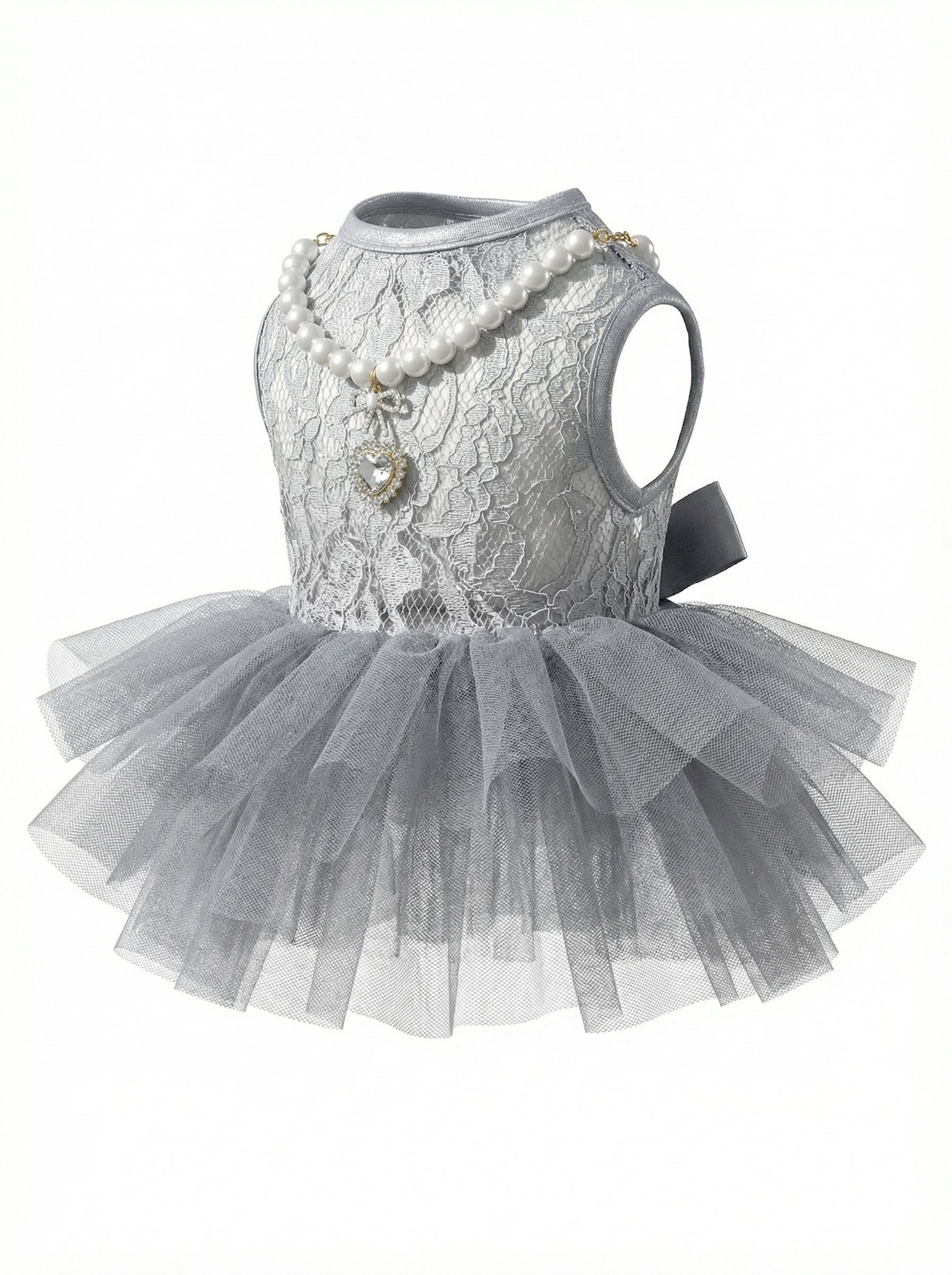 Gray Lace & Tulle Pearl Pet Party Dress