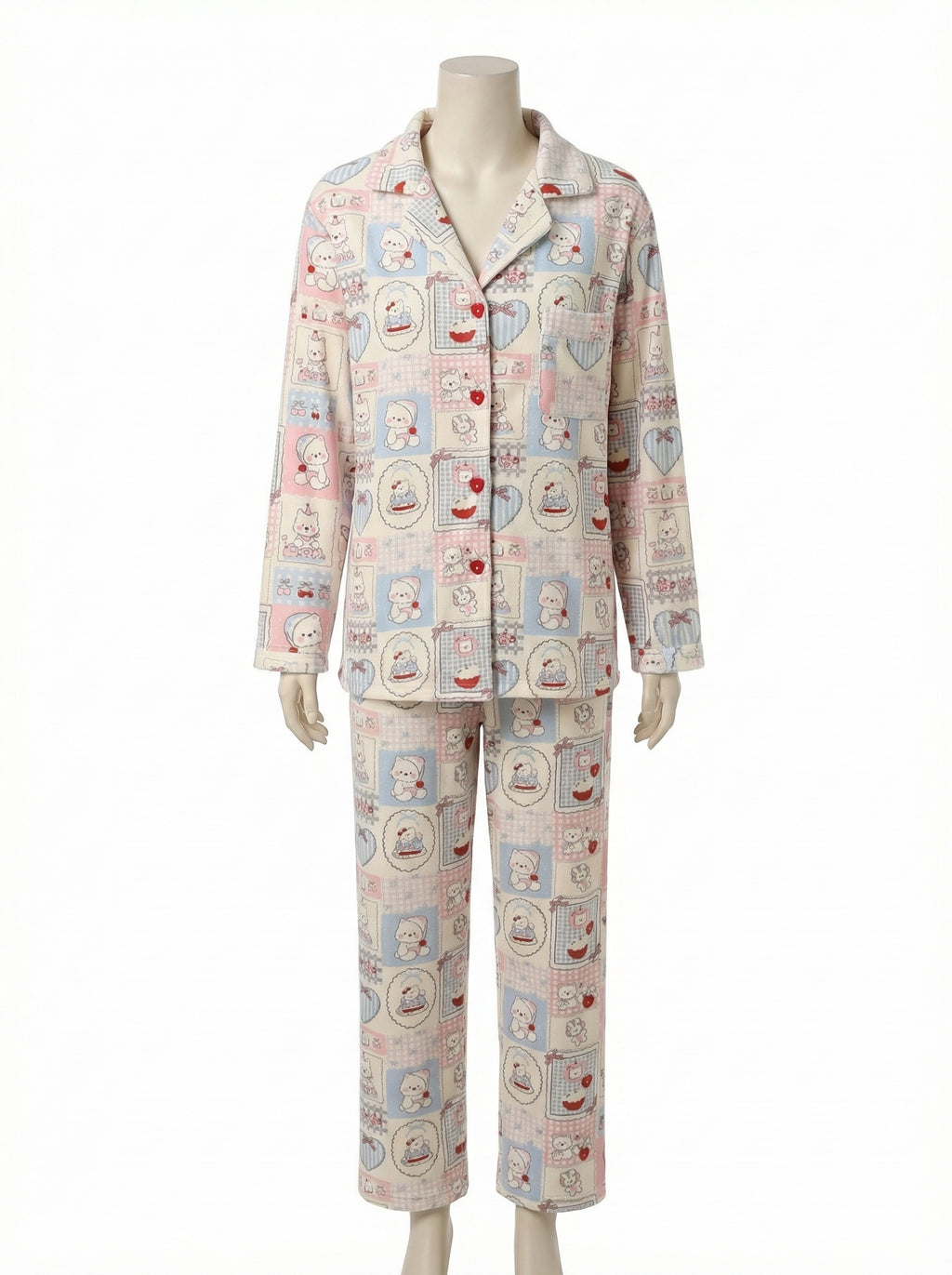 Cute Cartoon Patchwork Print Button-Down Pajama Set
