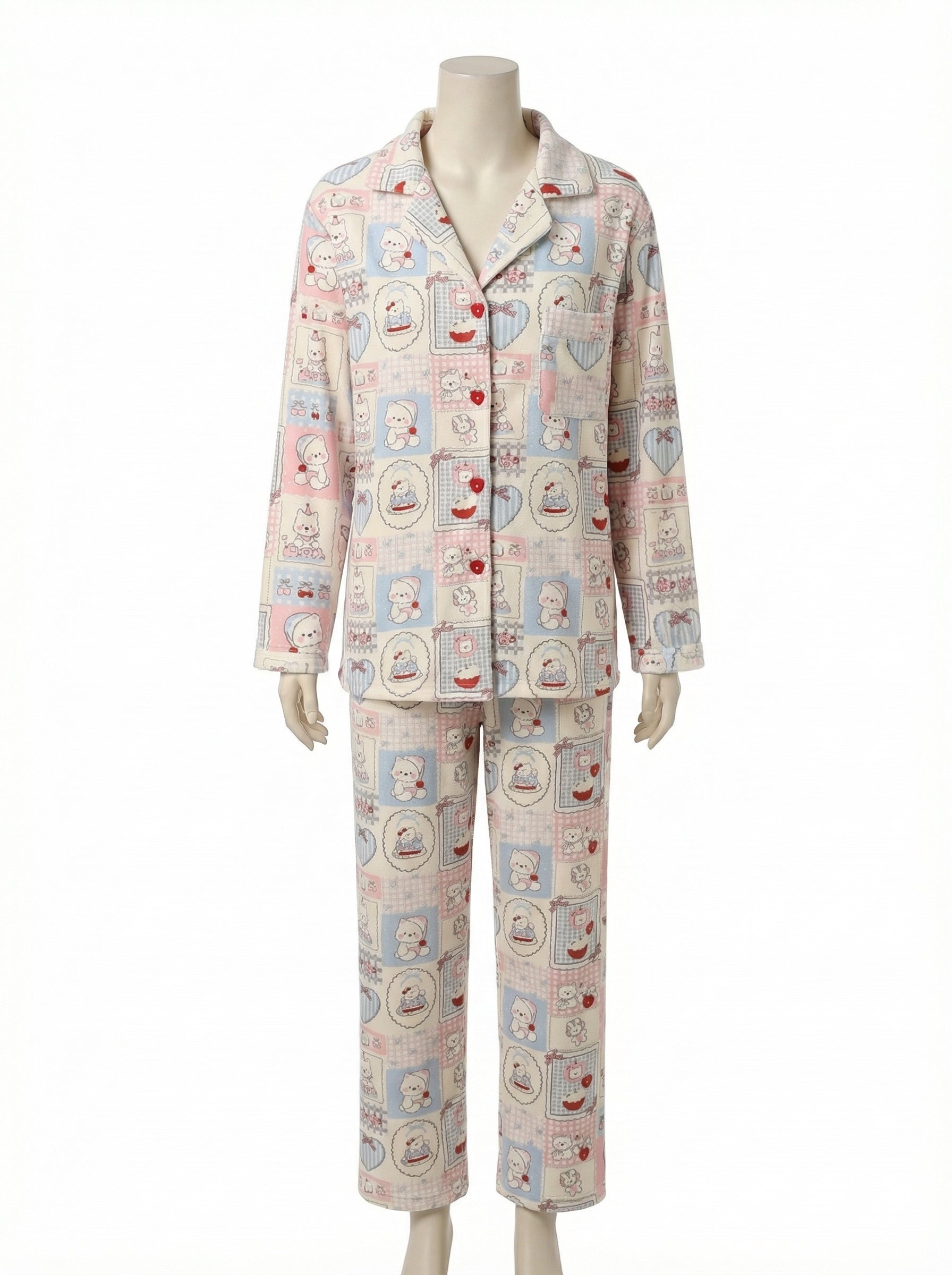 Cute Cartoon Patchwork Print Button-Down Pajama Set