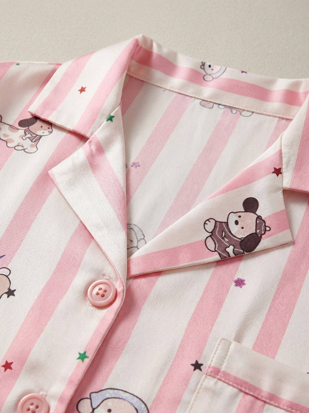 Pink Stripe Puppy Print Satin Pajama Set
