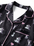 Black Cat & Heart Print Satin Pajama Top