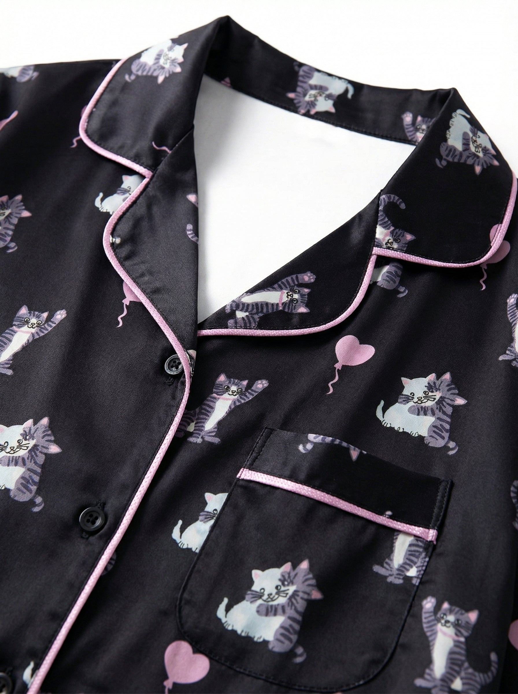 Black Cat & Heart Print Satin Pajama Top