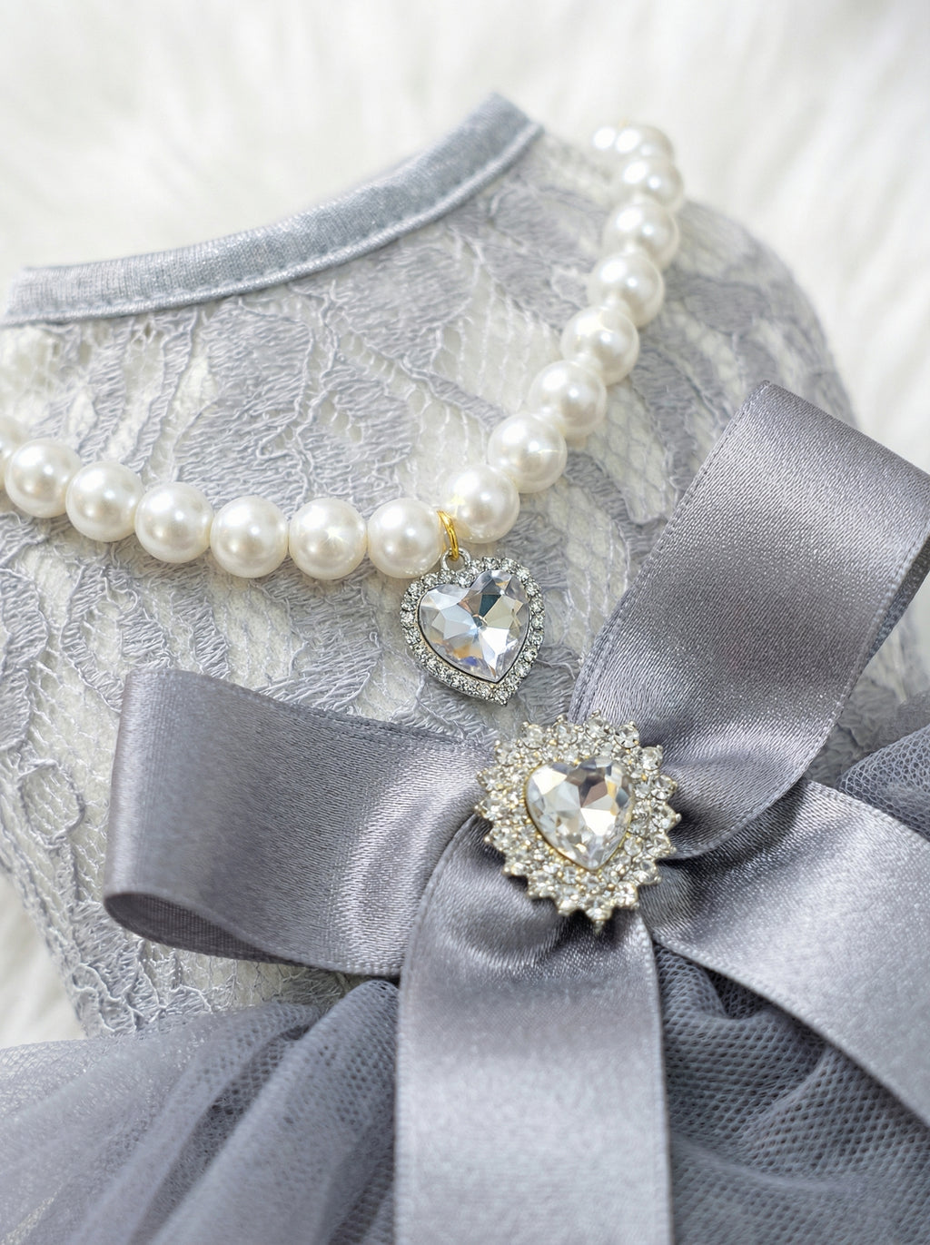 Gray Lace & Tulle Pearl Pet Party Dress