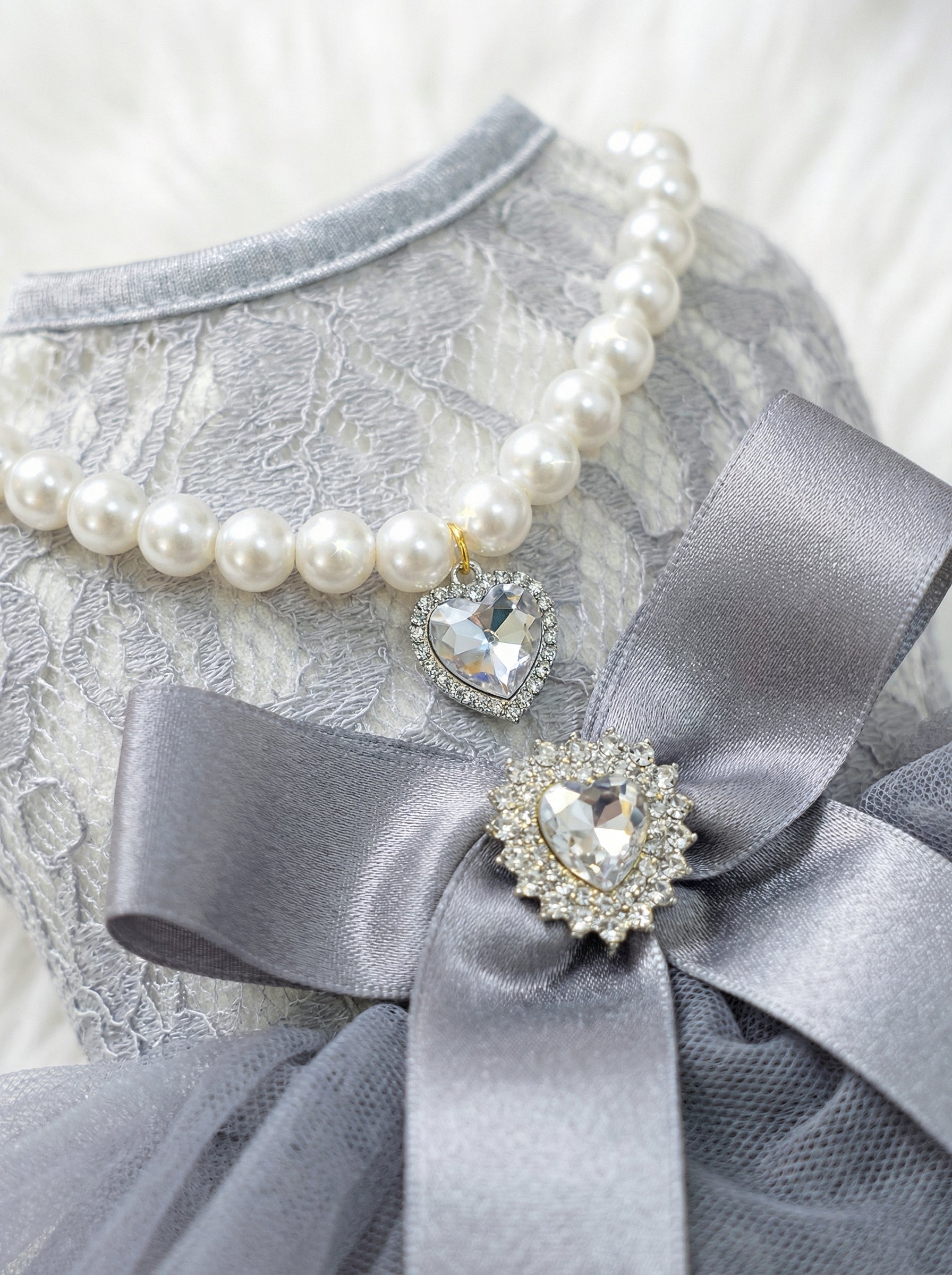 Gray Lace & Tulle Pearl Pet Party Dress