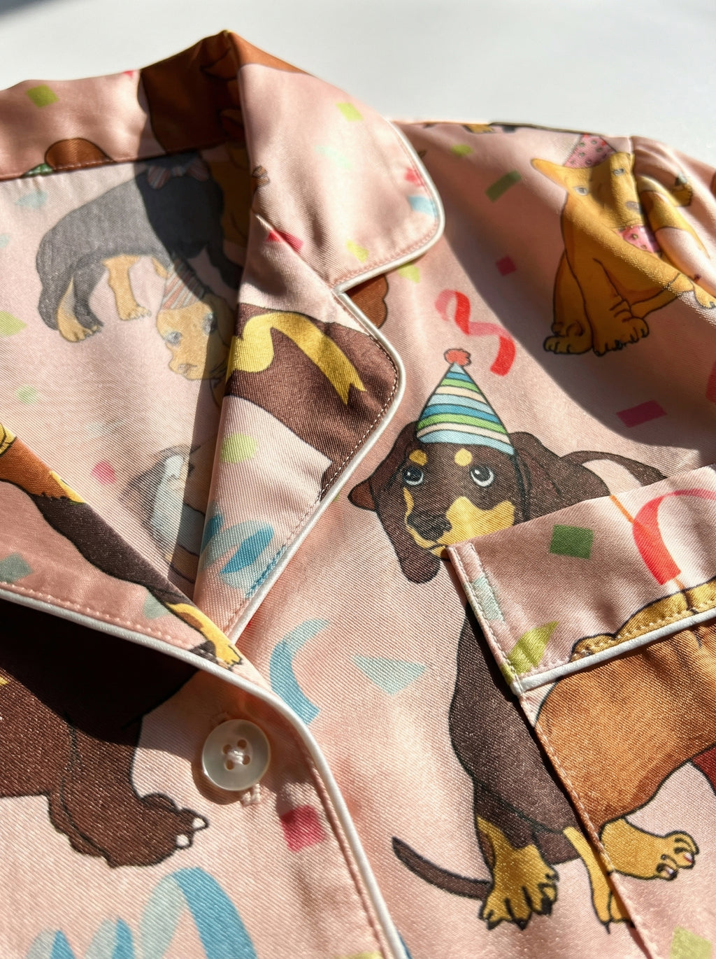 Pink Dachshund Party Print Satin Pajama Set