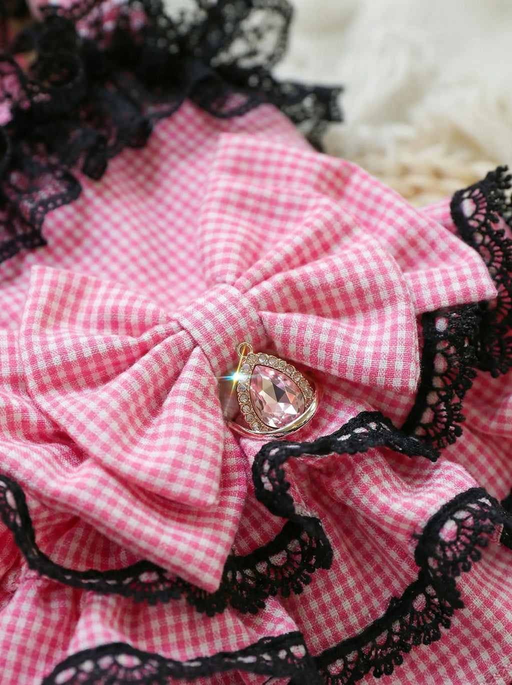 Pink Gingham & Black Lace Tiered Pet Dress