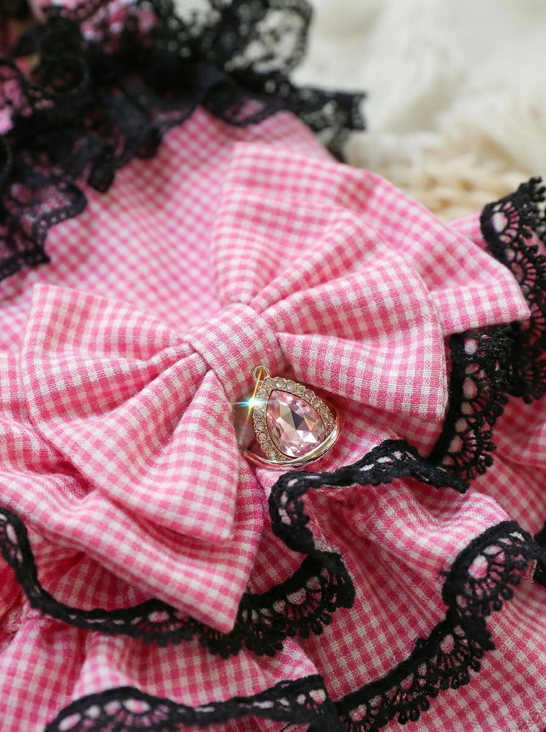 Pink Gingham & Black Lace Tiered Pet Dress
