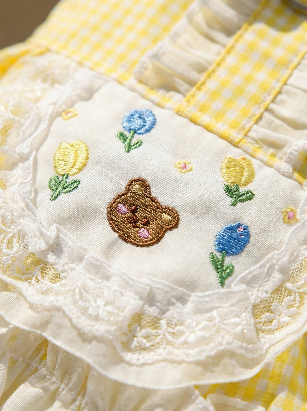 Yellow Gingham Apron Pet Dress with Teddy Embroidery