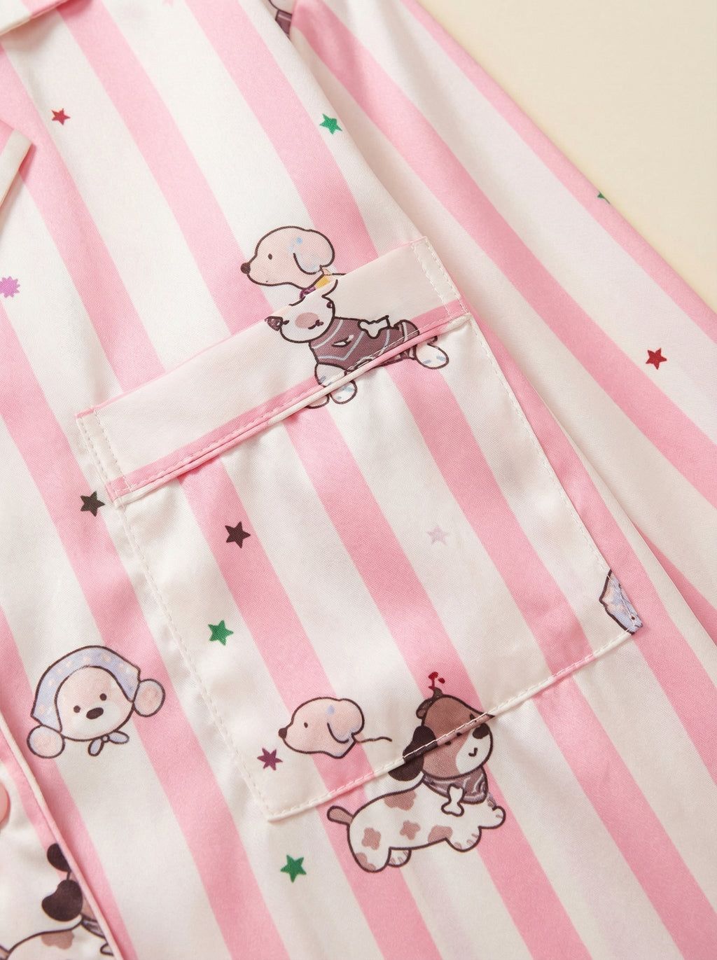 Pink Stripe Puppy Print Satin Pajama Set