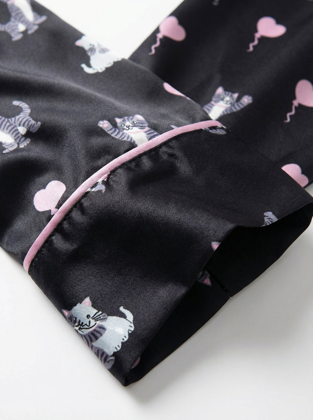 Black Cat & Heart Print Satin Pajama Top