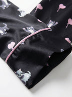 Black Cat & Heart Print Satin Pajama Top