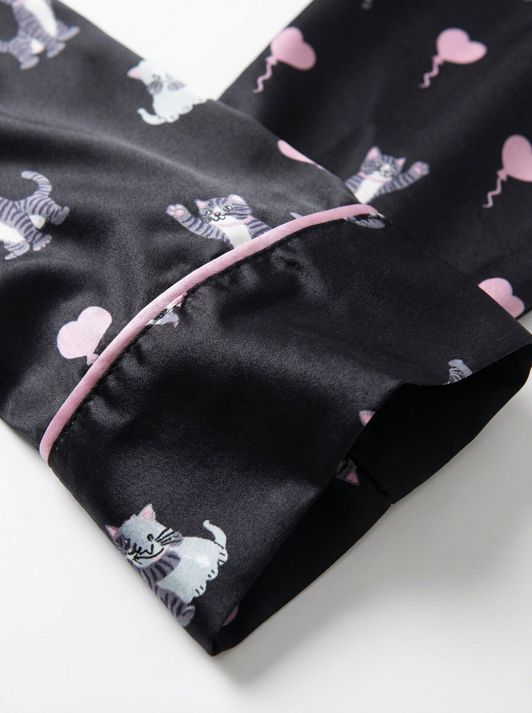 Black Cat & Heart Print Satin Pajama Top
