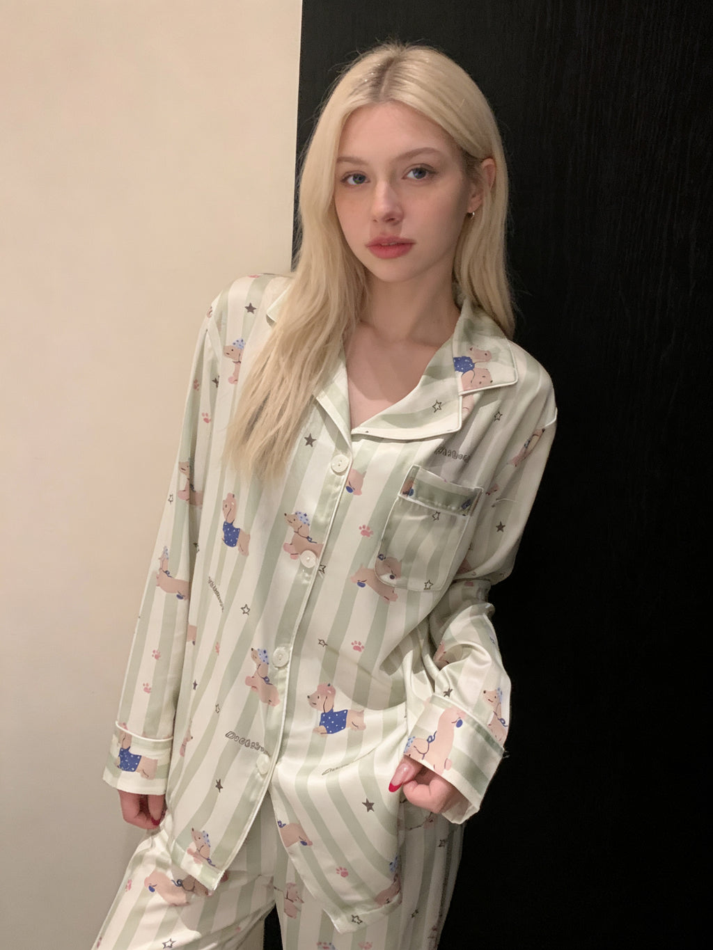 Green Stripe Poodle Print Satin Pajama Set
